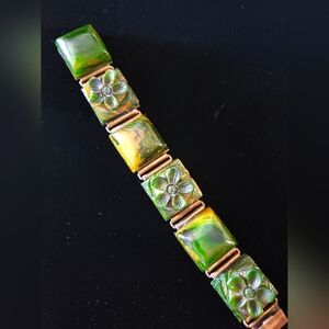 1930s Carved Bakalite Flower Panel Brass Bracelet Green Yellow